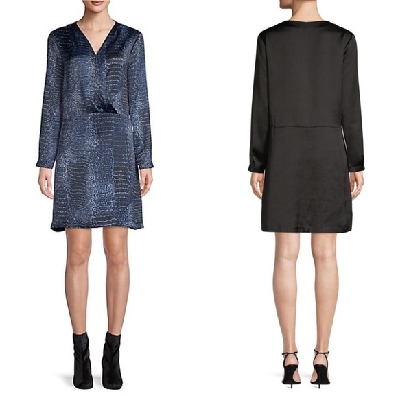 NWT HALSTON Tonal Snake Print V Neck Crossover Long Sleeve Dress Navy Blue Small - Picture 1 of 14